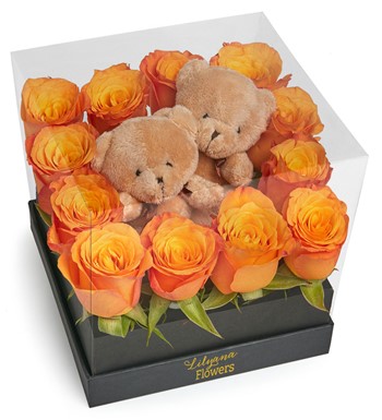 Lilyana Flowers - Şeffaf Ayıcıklı Kutuda Turuncu Gül