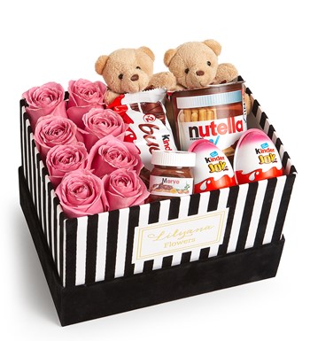 Lilyana Flowers - Kadife Çizgili Kutuda Ayıcıklı Çikolatalı Nutellalı Pembe Gül