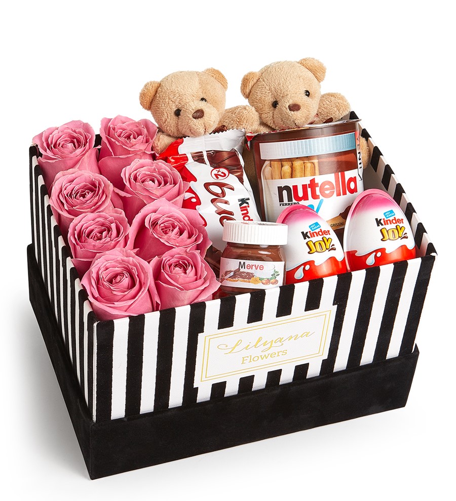 Kadife Çizgili Kutuda Ayıcıklı Çikolatalı Nutellalı Pembe Gül