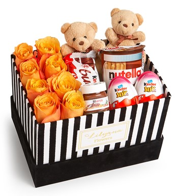 Lilyana Flowers - Kadife Çizgili Kutuda Ayıcıklı Çikolatalı Nutellalı Turuncu Gül