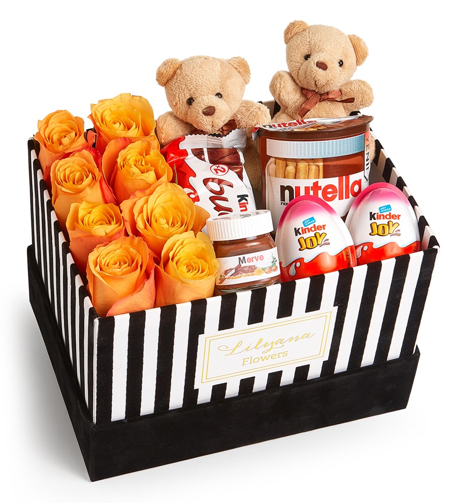 Kadife Çizgili Kutuda Ayıcıklı Çikolatalı Nutellalı Turuncu Gül