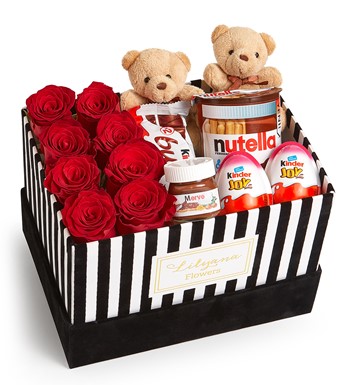 Lilyana Flowers - Kadife Çizgili Kutuda Ayıcıklı Çikolatalı Nutellalı Kırmızı Gül