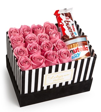 Lilyana Flowers - Kadife Çizgili Kutuda Çikolatalı Pembe Gül