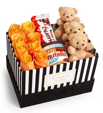 Lilyana Flowers - Kadife Çizgili Kutuda Ayıcıklı Çikolatalı Turuncu Gül