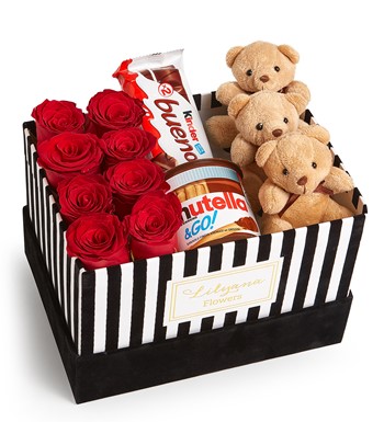 Lilyana Flowers - Kadife Çizgili Kutuda Ayıcıklı Çikolatalı Kırmızı Gül