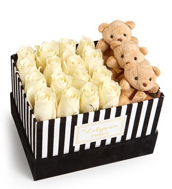 Lilyana Flowers - Kadife Çizgili Kutuda Ayıcıklı Beyaz Gül