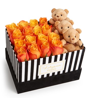 Lilyana Flowers - Kadife Çizgili Kutuda Ayıcıklı Turuncu Gül