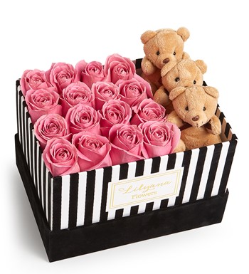 Lilyana Flowers - Kadife Çizgili Kutuda Ayıcıklı Pembe Gül