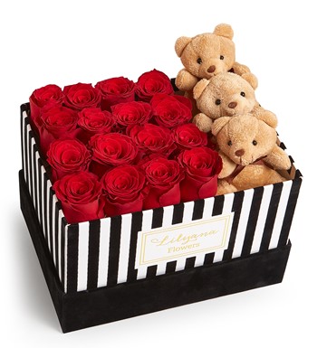 Lilyana Flowers - Kadife Çizgili Kutuda Ayıcıklı Kırmızı Gül