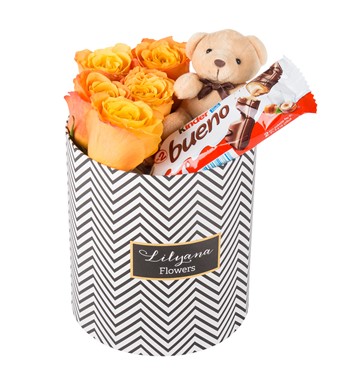 Lilyana Flowers - Zebra Desenli Kutuda Ayıcıklı Çikolatalı Turuncu Gül