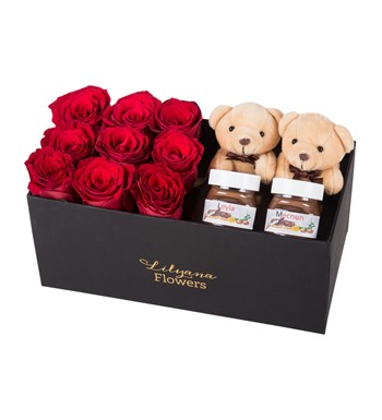 Lilyana Flowers - Dikdörtgen Siyah Kutuda Nutellalı Ayıcıklı Kırmızı Gül