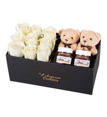Lilyana Flowers - Dikdörtgen Siyah Kutuda Nutellalı Ayıcıklı Beyaz Gül