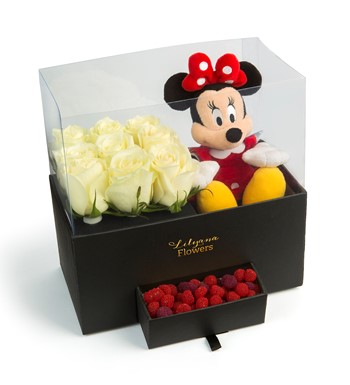 Lilyana Flowers - Minnieli Siyah Kutuda Jelibonlu Beyaz Gül